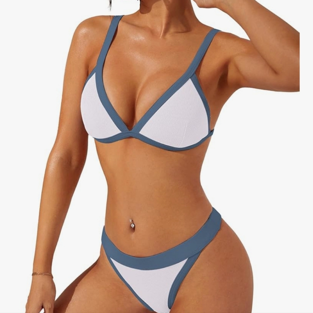 Swimall Brazilian triangle bikini size M. White with blue trim so cute